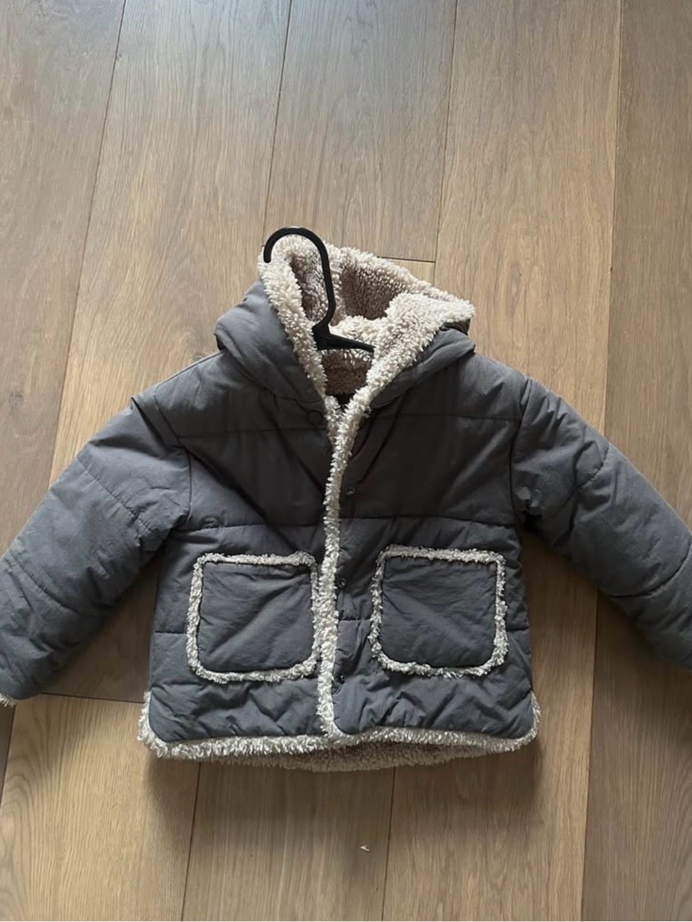 Zara Gray Hooded Puffer Jacket with Sherpa Trim